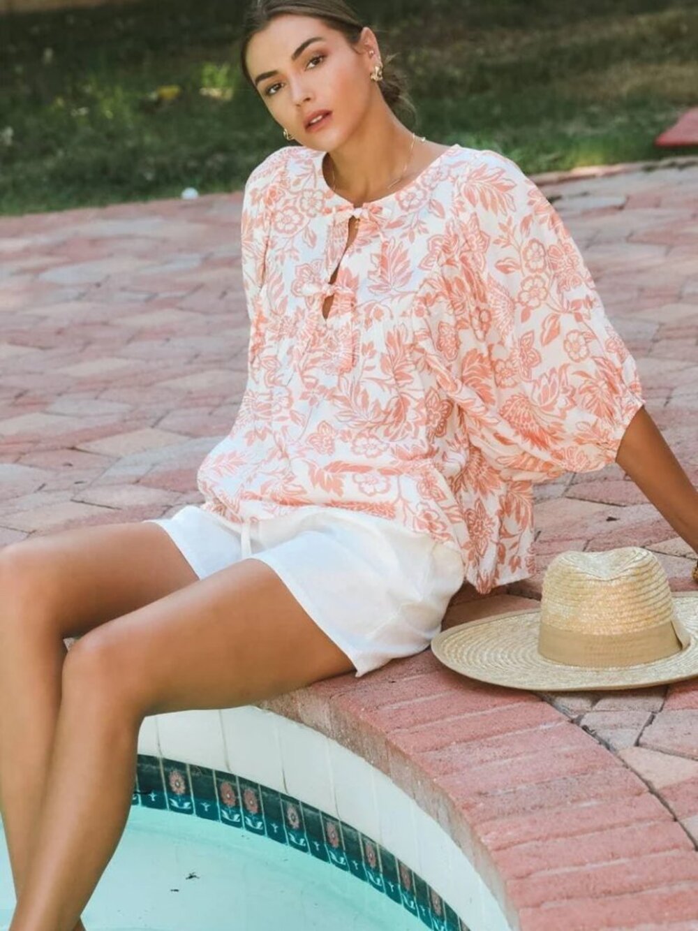 Oddi Peach Floral Tie-Neck Boho Blouse